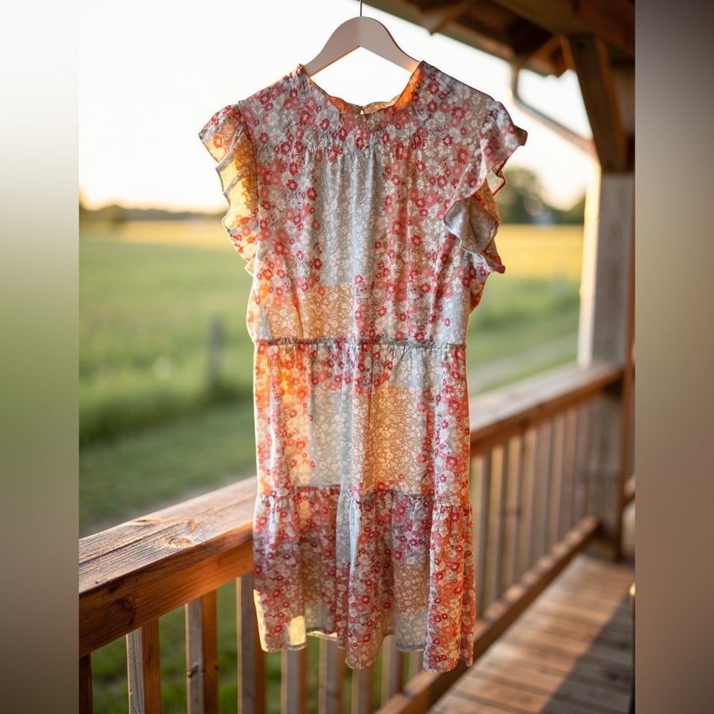 DKNY Floral Print Midi Dress with Ruffle Sleeves